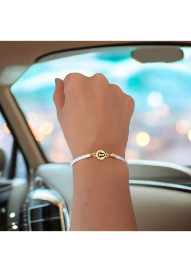 Archin Barış Manço Temalı 14 Ayar Altın Plakalı Doğal Beyaz Derili Ay Motifli Hediye Bileklik-477sembol Bariş Manço