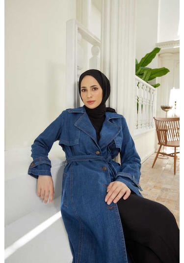 Neways 6458-Battal Allerli Denim Trençkot Koyu Mavi Mavi