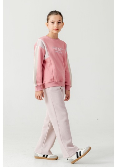 Kız Çocuk Make Your Baskılı 3 İplik Kalın Kışlık Eşofman Takımı Ak4227 Pembe