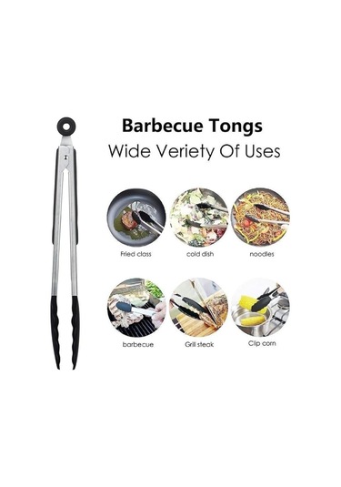 Paslanmaz Çelik Ve Gıda Sınıfı Silikon Izgara Maşası Siyah 16 İnç , Isıya Dayanıklı Mutfak Maşası