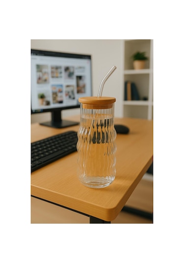 Bambu Kapaklı Motivasyon Cam Bardak / Suluk, 900 Ml, Pipet Hediyeli
