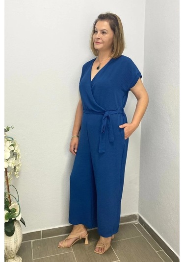 Kadın Mavi Kruvaze Yaka Tulum Mavi