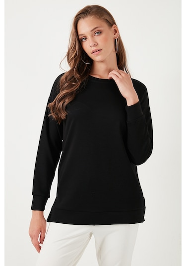 Lela Streç Oversize Fit Bisiklet Yaka Modal Kumaş Bayan Sweat 5865877 Siyah