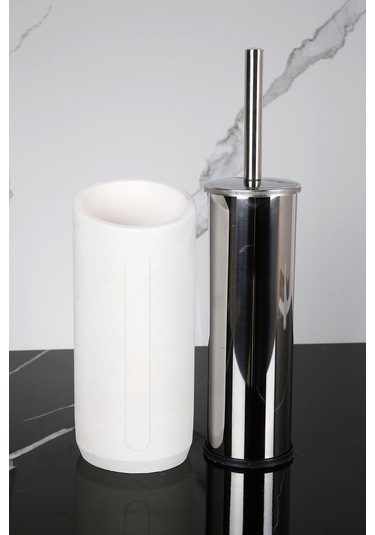 Betonmall 4 Parça Mermer Desenli Beton Banyo Wc Seti Tuvalet Fırçası Çöp Kovası 4 Litre - Sade Beyaz Sade Beyaz