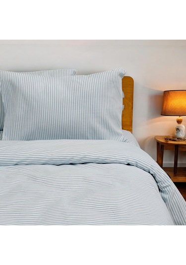 Çift Kişilik %100 Pamuk Düz İnce Çizgili Nevresim Takımı | Turkuaz Mavi & Beyaz | 4 Parça | Yumuşak Dokulu Turkuaz Mavi