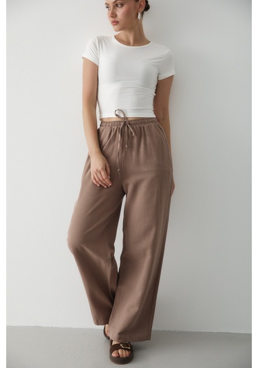 Sütlü Kahve Beli Lastikli Bol Paça Pantolon - 2813 Sütlü Kahve