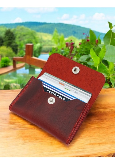 Cronder Hakiki Deri Yan Model Kutu Cüzdan Kartlık Kırmızı