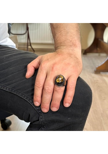 Doğal Taş Yüzük Davut Yıldızı Erkek Yüzüğü 925k Gümüş Erkek Yüzüğü Kaplan Gözü İle Cesur Tasarım Gümüş