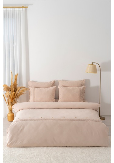 Grace Vizon Güpürlü Çift Kişilik %100 Pamuklu Nevresim Seti - 6 Parça Çeyiz Seti Vizon