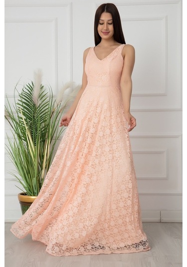 Kalopya V Yaka Dantel Uzun Abiye Elbise 13103 Pudra