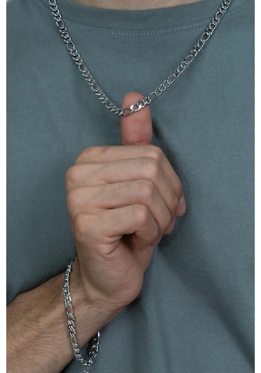 Figaro Erkek Çelik Kolye Bileklik Zincir Set Seçenekli Ack06T Beyaz