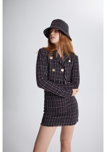 Holly Lolly Tüvit Kumaş Crop Tweed Ceket Siyah