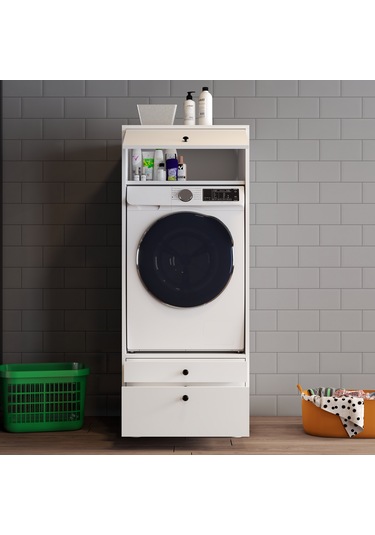 Lotus 2 Çekmeceli Makine Dolabı Çok Amaçlı Dolap Banyo Dolabı Beyaz