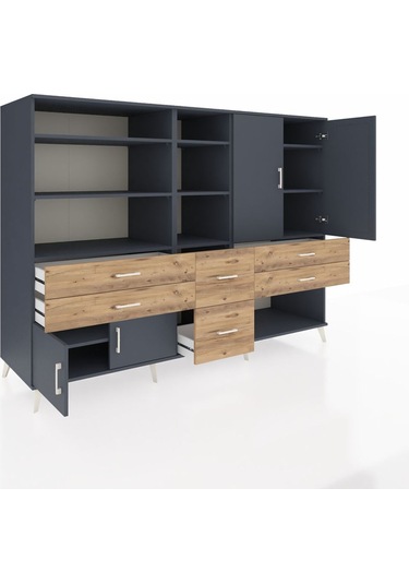 Kronos Dolap 10 Raflı 6 Çekmeceli 4 Kapaklı 220x59x163 Antrasit-a Antrasit-antrasit/çam