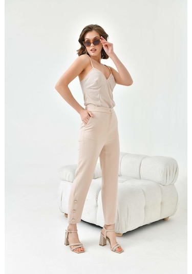 Ftz Women Kadın Dar Paça Düğmeli Pantolon Beige 30779-Beige Bej