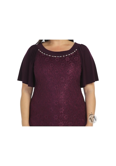 Nidya Moda Büyük Beden Sandy Kombin Dantel Elbise-4026Dym Mürdüm