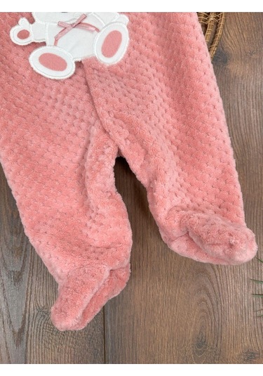 Peluş Ayıcık Nakışlı Patikli Çıtçıtlı Kışlık Erkek Bebek Tulum Pembe