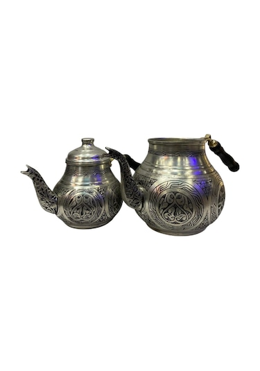 Gümüş Renkli Bakır İşlemeli Çaydanlık Gümüş