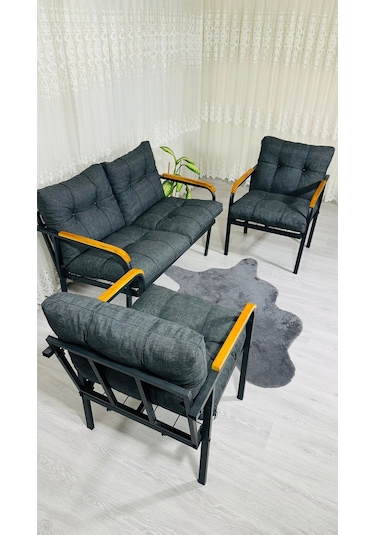 Madame Home Kalanşo Balkon, Bahçe,teras,cafe - Salon - Metal Kanepe Koltuk Takımı Çay Seti 2+1+1 Antrasit