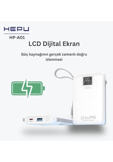 Hepu HP-A01 10.000 mAh 22.5 W Dijital Göstergeli Dahili Çoklu Kablolu Powerbank