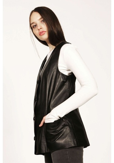 Dericlub Yb-2017 Gerçek Deri Kadın Yelek Siyah
