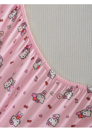 Pembe Hello Kitty Baskılı Tek Kişilik Lastikli Çarşaf