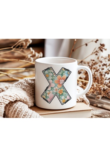 X Harfli Pastel Çiçek Desenli Kahve Kupası - Kişiye Özel Çiçekler Koleksiyonu Bardak - Hediye Beyaz