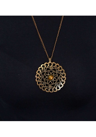 Doğal Taş Sitrin Doğal Taşlı Yuvarlak Model Antik Kadın Kolye Euk47s Sarı
