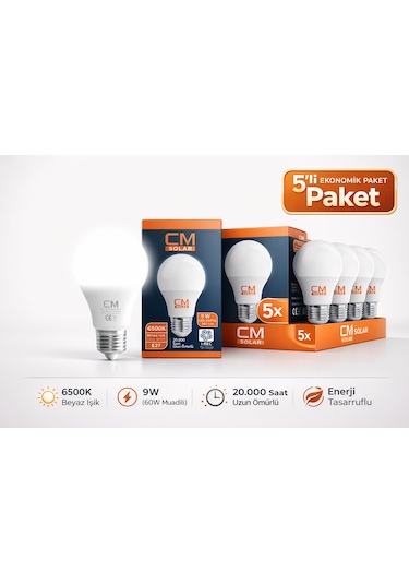 Cm 9w 6500k Beyaz Işık Led Ampul 5 Li Paket E27 Duy Yüksek Parlak