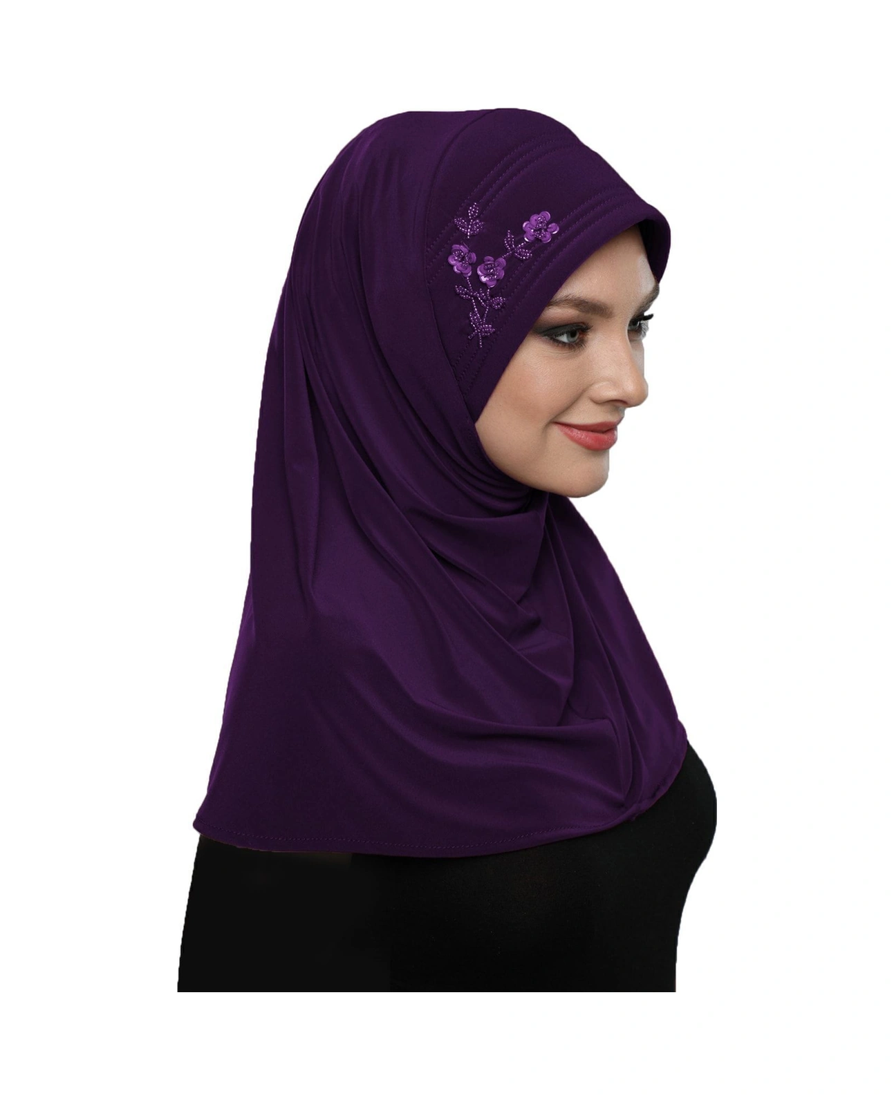 Takmatik Taşlı El Işi Boncuk Işlemeli Mor Hazır Türban Tesettür Bone Namaz Örtüsü Mor