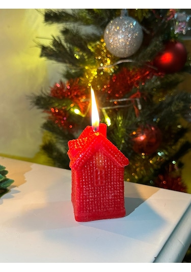 Christmas Yılbaşı Temalı Kırmızı Ev Desenli Mum 2024