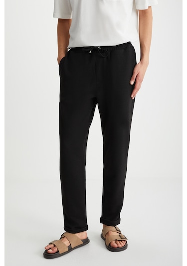 HUXLEY Erkek Regular Boru Paça Normal Bağcıklı Bel Organik Pamuk Yan Cepli Siyah Pantolon