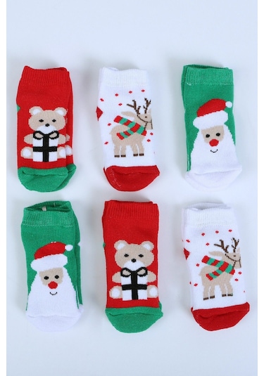 Pamuklu 6'lı Yılbaşı Noel Baba Kışlık Havlu Yenidoğan Bebek Çorap "Karışık Renkli"