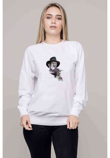 Freddy Krueger Whıte Shadow Baskılı Beyaz Kadın Sweatshirt