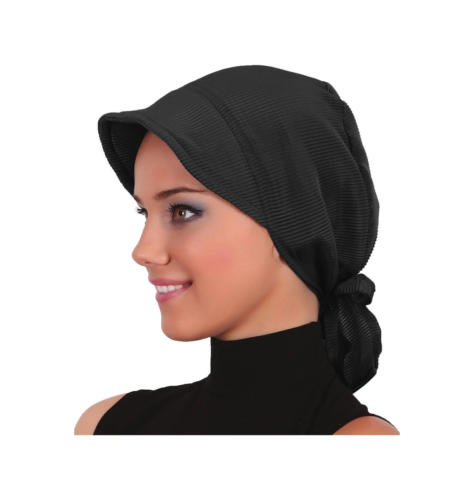 Plise Şapka Siyah Hazır Türban Tesettür Havuz Bonesi Siyah