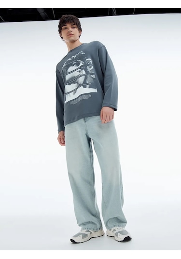 Tvoe Antik Heykel Baskılı Oversize Uzun Kollu Erkek Tişört 479789516 Koyu Gri