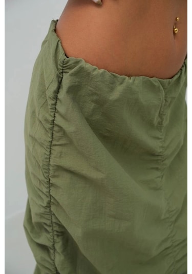 Büzgü Detay Maxi Etek Haki