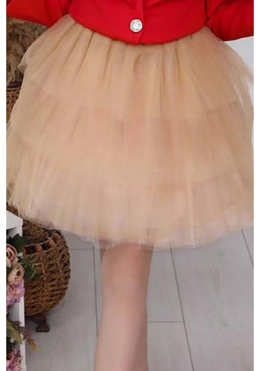 Riccotarz Kız Çocuk V Yaka Ve Taş Detaylı Ceket Kırmızı Etekli Takım Kırmızı