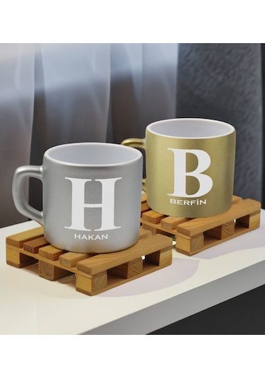 Bk Gift Kişiye Özel İsimli 2li Gümüş Ve Gold Renkli Middle Çay & Kahve Fincanı-3, Arkadaşa Hediye, Sevgiliye Hediye Kobitmeyencom32666 Bk Gift