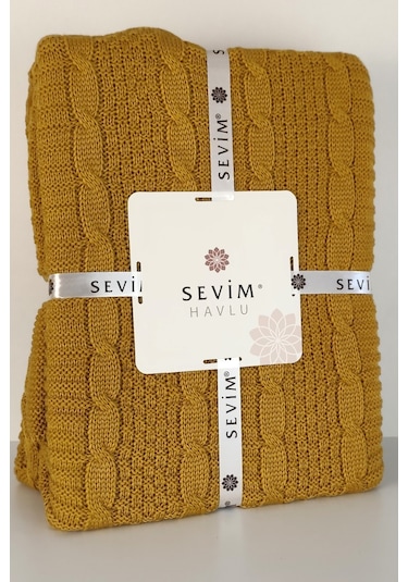 Sevim Çift Kişilik Ponponlu Triko Örme Battaniye - Yumuşak Doku & Şık Tasarım - Mint Yeşili - 220x240 Cm Hardal Hardal