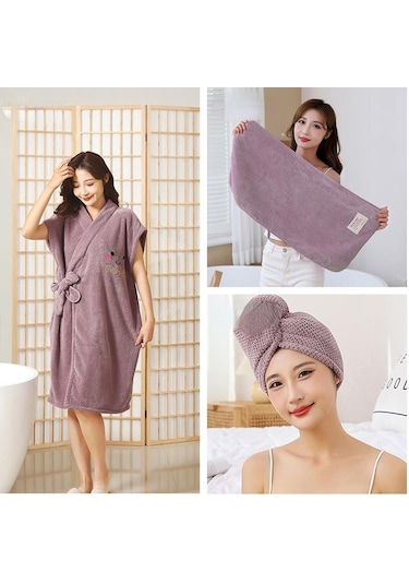 3 Parçalı Banyo Havlusu Seti Kuru Saç Kap Havlu Ananas Bornoz Seyahat  Banyo Havlusu Kalınlaşmış Mercan Kadife Kadın Bornoz Mor