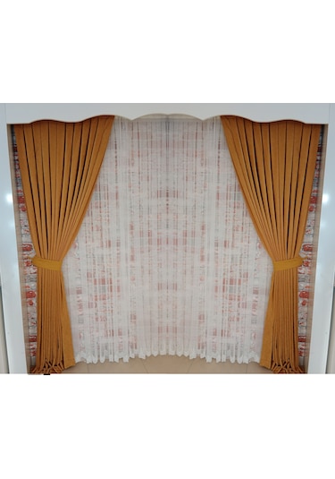 Koyu Hardal Renk Fon Kadife Perde Çift Kanat 1/3 Sık Pileli Dikim V-17 Koyu Hardal
