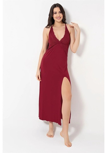 Monamise Kadın Kırmızı Göğüs Ve Sırt Dekolteli Dantelli Yırtmaçlı Gecelik 18491 Kırmızı