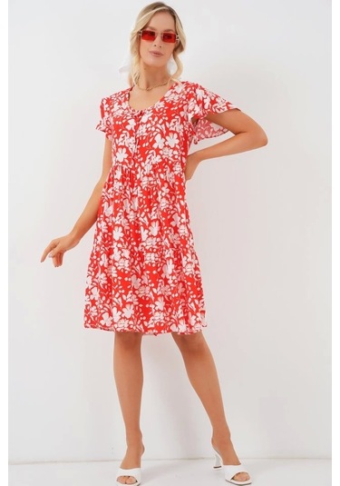 2352 V Yaka Kısa Elbise - Kırmızı Kırmızı