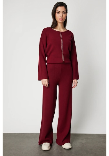 On Kadın Beli Lastikli Bol Paça Triko Pantolon 63321 Bordo Bordo