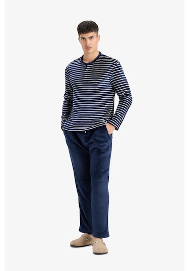 Defacto Pijama Takımı Regular Fit Çizgili Uzun Kollu Üst Welsoft Pelüş Uzun Alt A3443ax25wnnv135 Lacivert