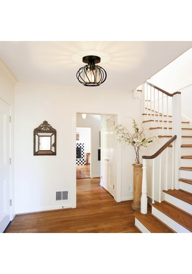 Neevoyu Kara Metal Ve Kristal Yüzeyli Modern Antik Tavan Lambası - Yarı Gömülü, 60w Maksimum, E26/e27 Uyumlu, Zirve Dekorasyon Için Siyah