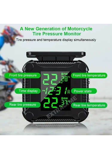 Boatshop1 Ynf Motosiklet Lastik Basınç İzleme Sistemi Siyah Lcd Ekranlı Otomatik Alarm Kablosuz Güneş Enerjili Şarj Lastik Monitörü