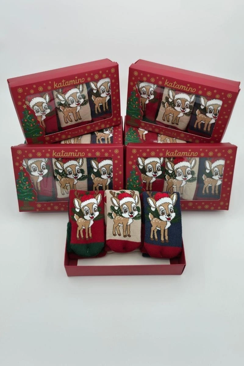 Katamino 3 Çift Unisex Kutulu Yılbaşı Hediyelik Yeniyıl Temalı Çocuk Soket Havlu Çorap