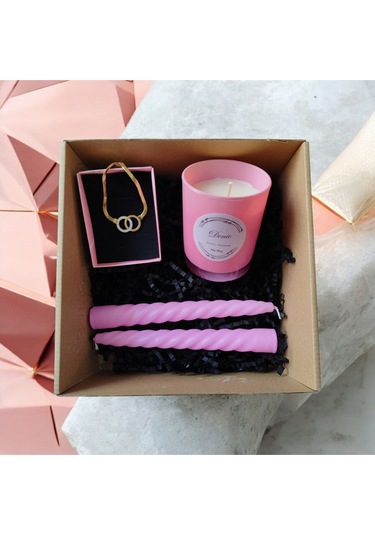 Denic Hediye Seti Kokulu Pembe Bardak Mum Halka Kolye Burgulu Mum